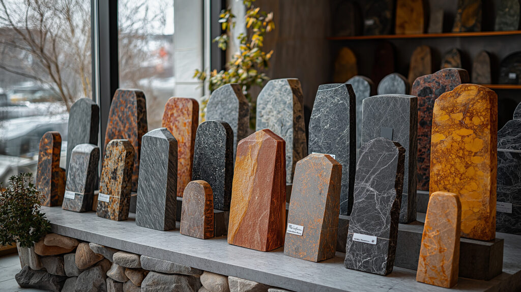 Wystawa nagrobków w kamieniarstwie bielsko, prezentująca różnorodne wzory i kolory kamieni.