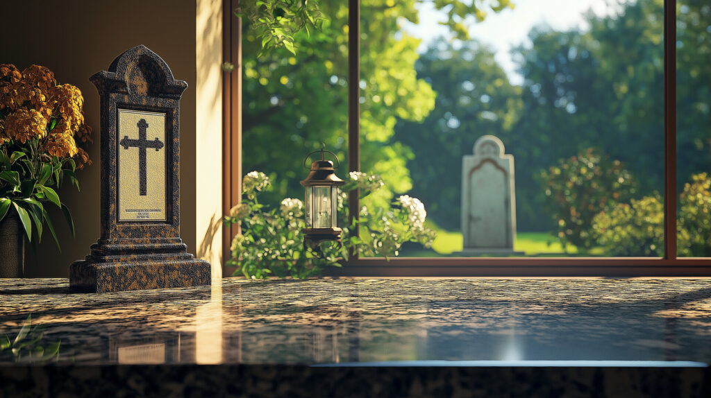 Nagrobek z krzyżem stojący na marmurowym stole, w tle widać zielony ogród i drugi nagrobek. Idealne dla kamieniarstwa Bielsko.