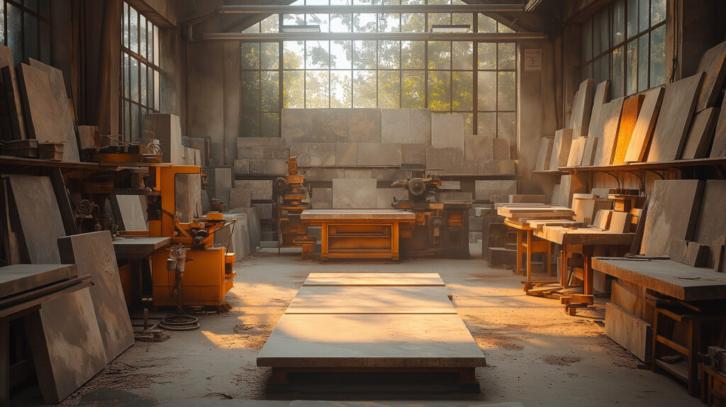 Wnętrze kamieniarni z kamiennymi płytami, maszynami i drewnianymi stołami, oświetlone promieniami słońca. Idealne dla poszukujących kamieniarstwa w Bielsko.