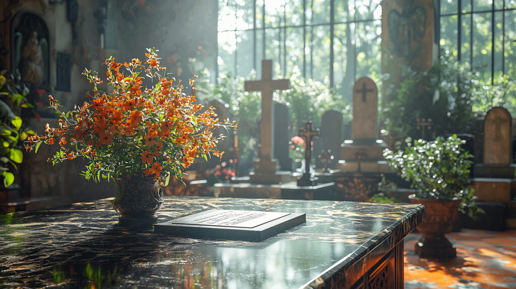 Stół w kaplicy z pomarańczowymi kwiatami i nagrobkiem, w tle zielone rośliny i krzyże, tworzący spokojną atmosferę, idealny dla kamieniarstwa w Bielsku.