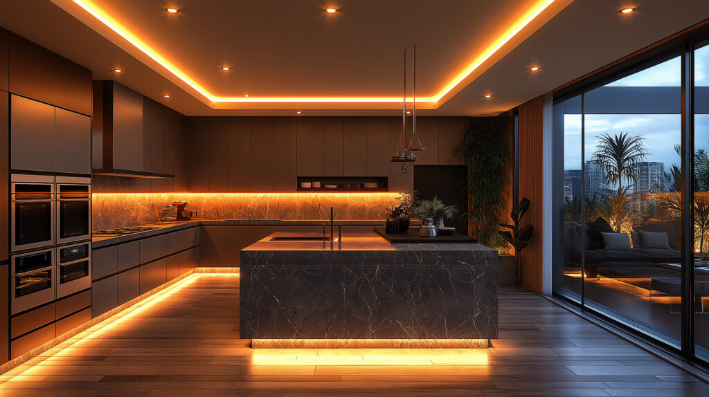 Nowoczesna kuchnia z marmurową wyspą, eleganckimi szafkami, oświetleniem LED i panoramicznymi drzwiami. Idealna przestrzeń dla kamieniarza Bielsko do projektowania nagrobków.