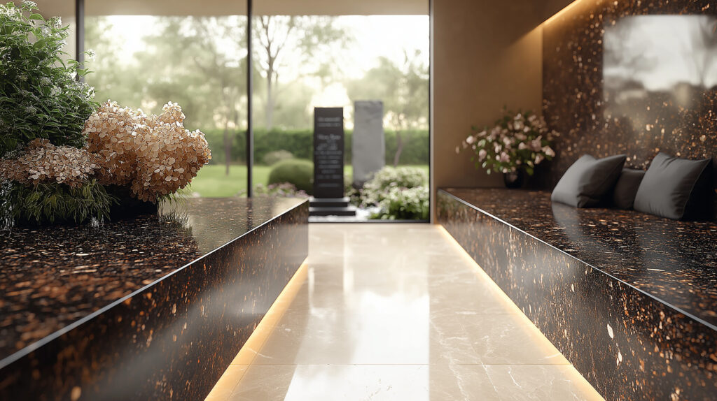 Elegancka przestrzeń z granitowymi ławami, subtelnym oświetleniem i kwiatami, z widokiem na zewnętrzny ogród, idealna do pamięci i refleksji. Kamieniarz Bielsko.