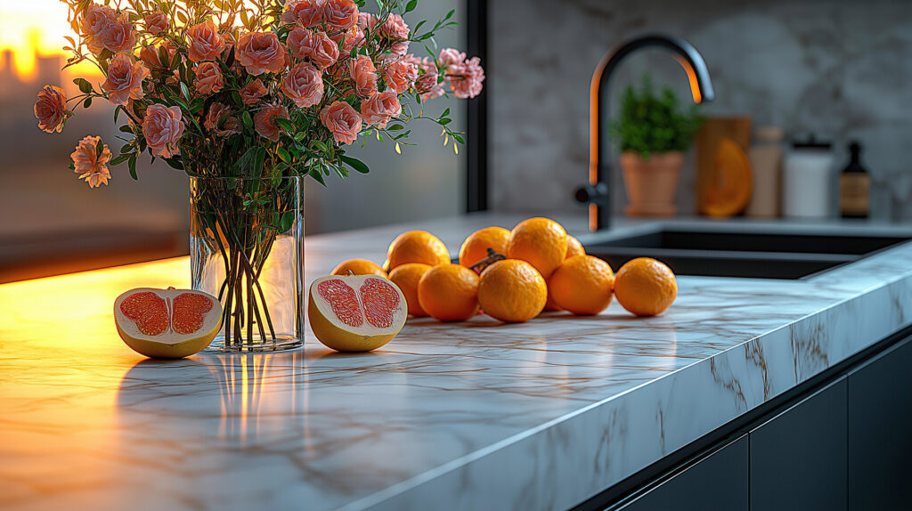 Bukiet różowych kwiatów obok pomarańczy i grejpfrutów na marmurowym blacie w nowoczesnej kuchni. Idealne wnętrze do kamieniarstwa Bielsko.