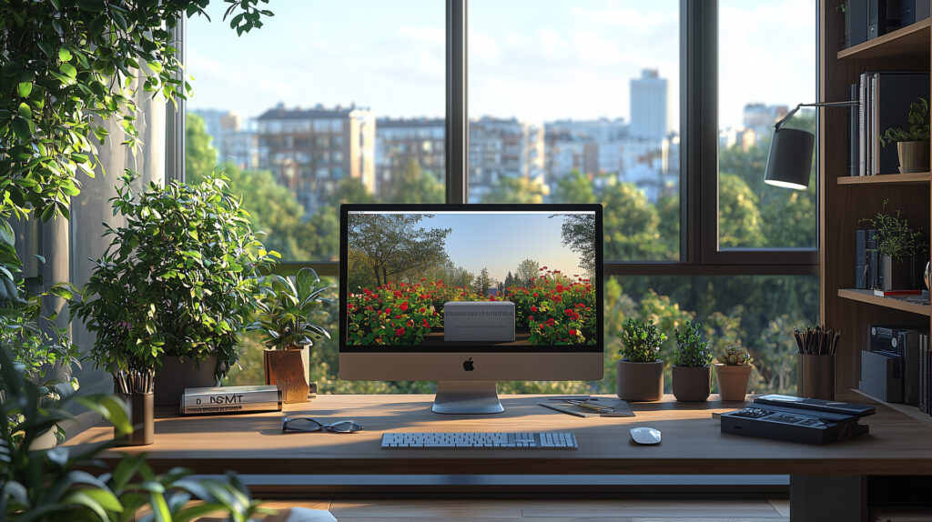 Widok na biurko z komputerem i roślinami, z tłem pięknego widoku na kwiatowy ogród, idealne dla kamieniarza w Bielsku.