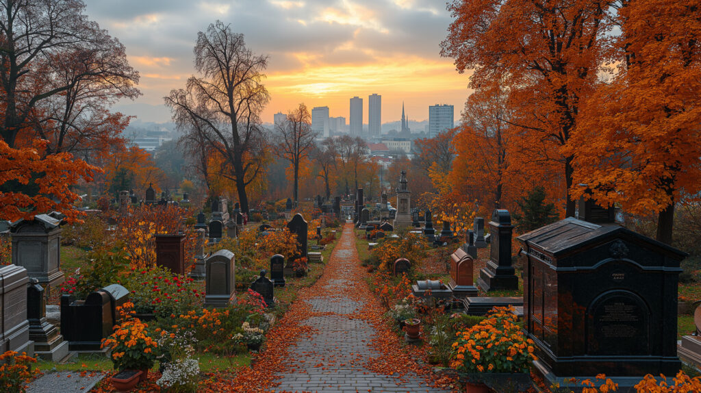 Widok na cmentarz w Bielsku z pomnikami i drzewami w jesiennych kolorach, w tle nowoczesne budynki. Oferuje refleksyjne połączenie natury i architektury. Kamieniarstwo Bielsko.