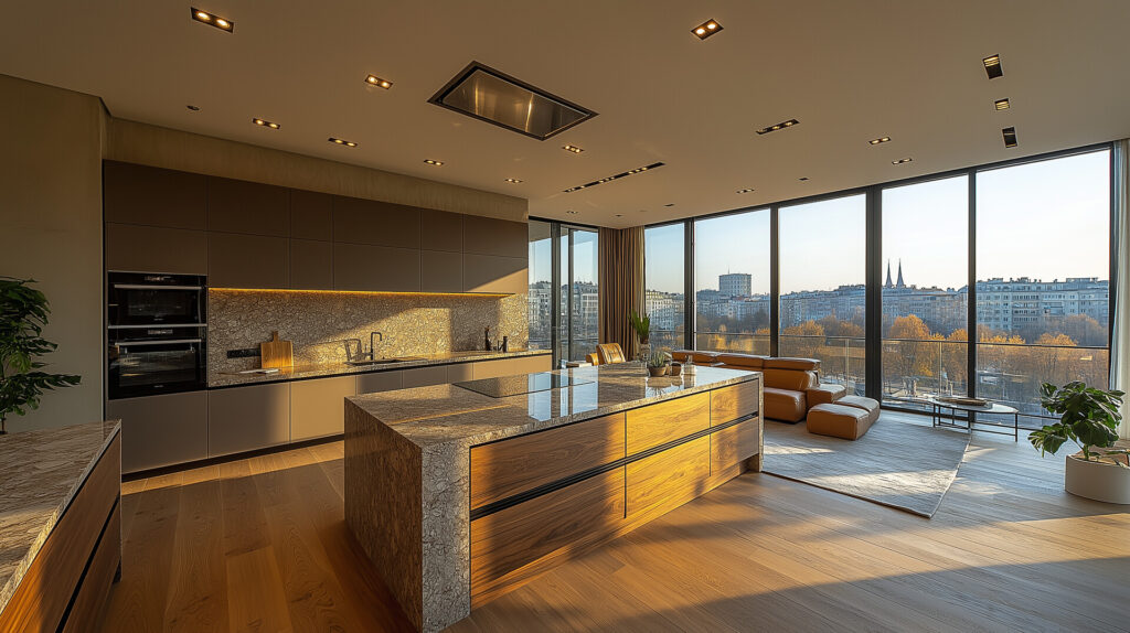 Nowoczesna kuchnia z drewnianymi elementami i granitowym blatem, z widokiem na miasto przez duże okna, idealna do aranżacji przestrzeni w Bielsko.
