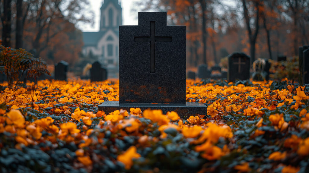 Nagrobek z krzyżem otoczony żółtymi kwiatami w jesiennym otoczeniu cmentarza, symbol pamięci i spokoju. Kamieniarstwo Bielsko w pięknym wydaniu.