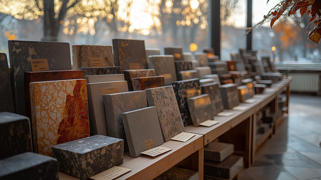 Przykłady różnych rodzajów kamienia w pokazowej przestrzeni kamieniarstwa, idealne dla osób poszukujących nagrobków w Bielsku.