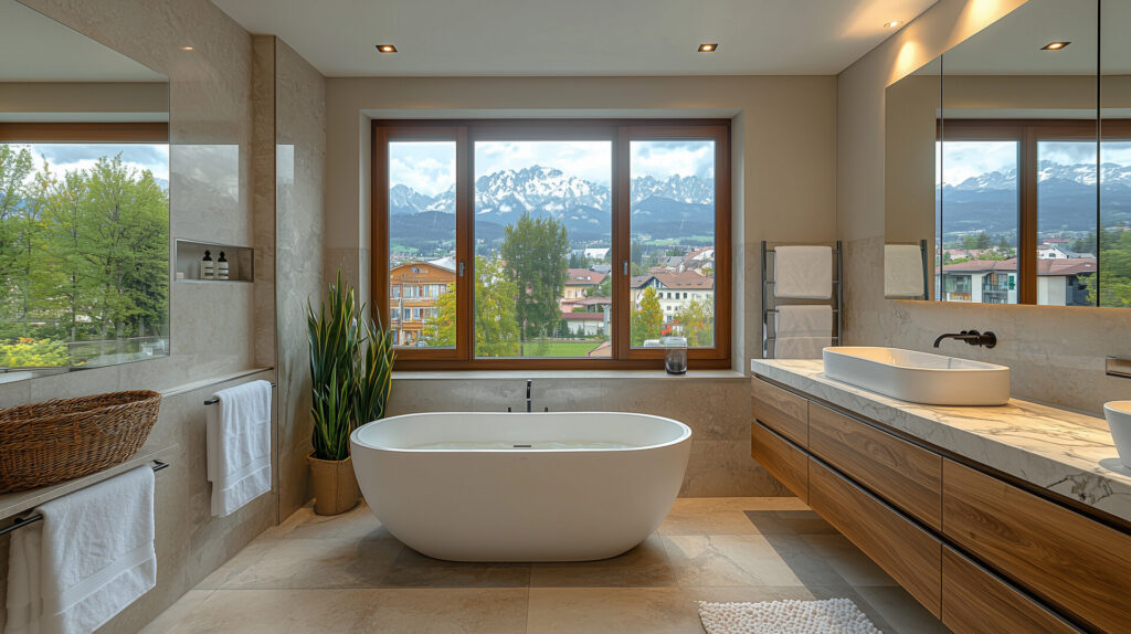 Nowoczesna łazienka z wanną, drewnianymi akcentami i panoramicznym widokiem na góry. Idealne wnętrze dla osób szukających luksusu w kamieniarstwie Bielsko.