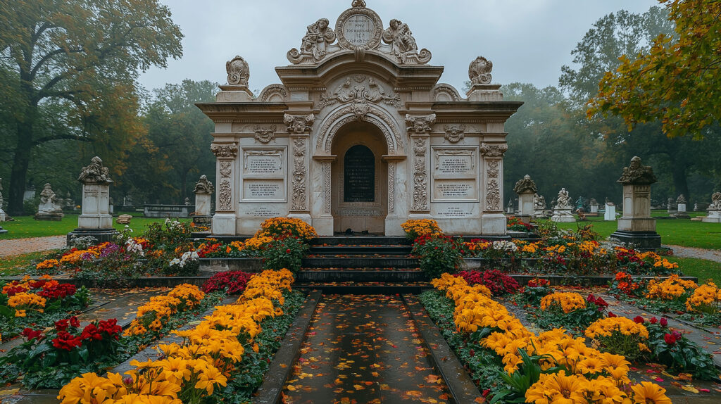 Kaplica nagrobna otoczona kolorowymi kwiatami w parku, w stylu kamieniarstwa bielskiego, z pięknymi rzeźbami i grobowcami w tle.