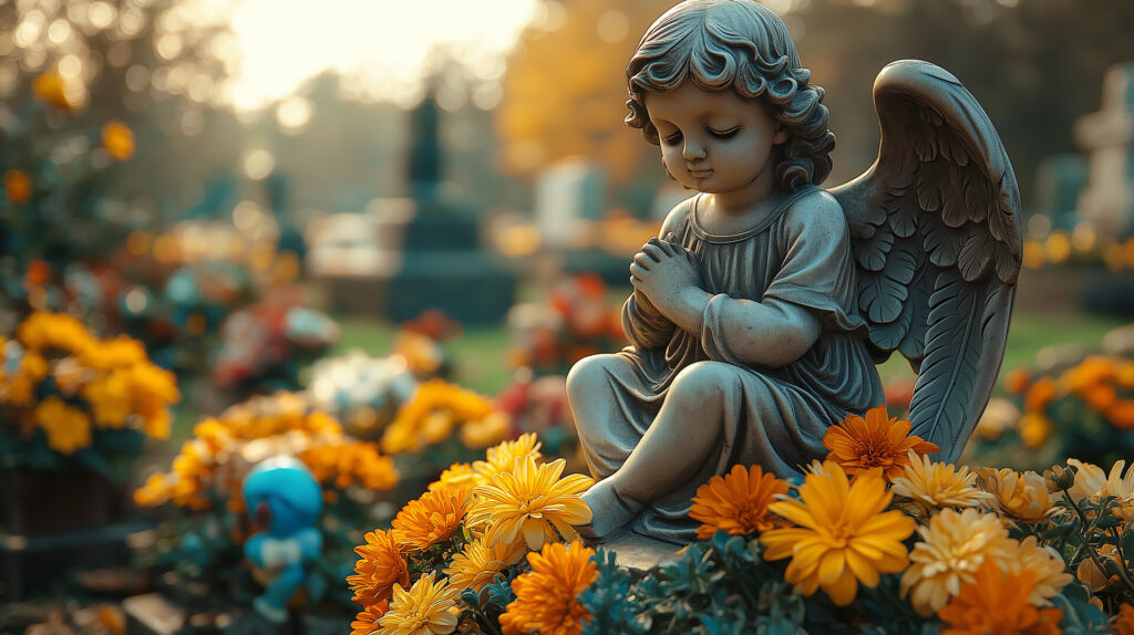 Rzeźba anioła modlącego się w otoczeniu kolorowych kwiatów na cmentarzu, symbolizująca pamięć. Idealne dla kamieniarstwa w Bielsku.
