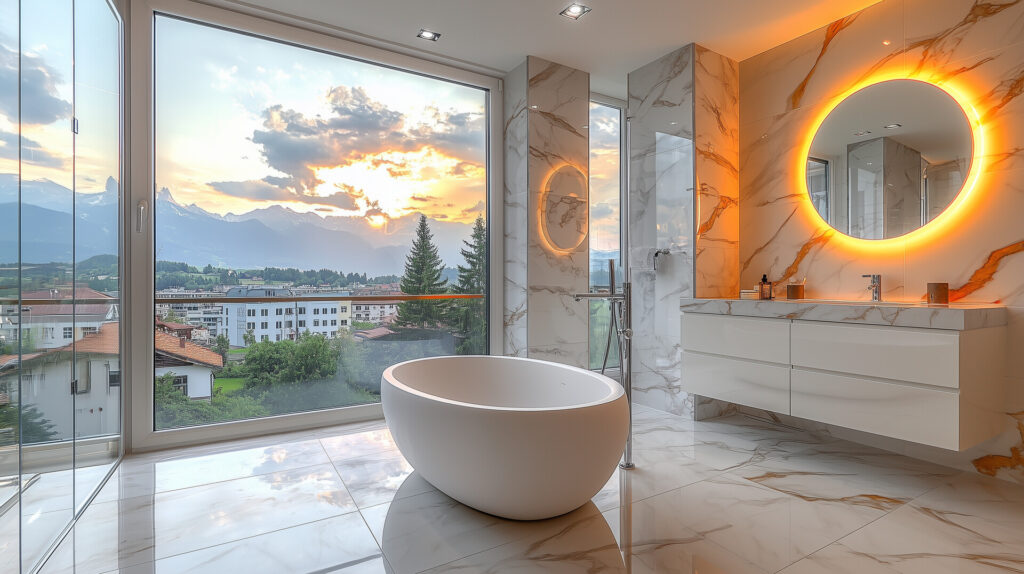 Nowoczesna łazienka z panoramicznym widokiem na góry, elegancka wanna i oświetlenie LED, idealne dla kamieniarza w Bielsku.