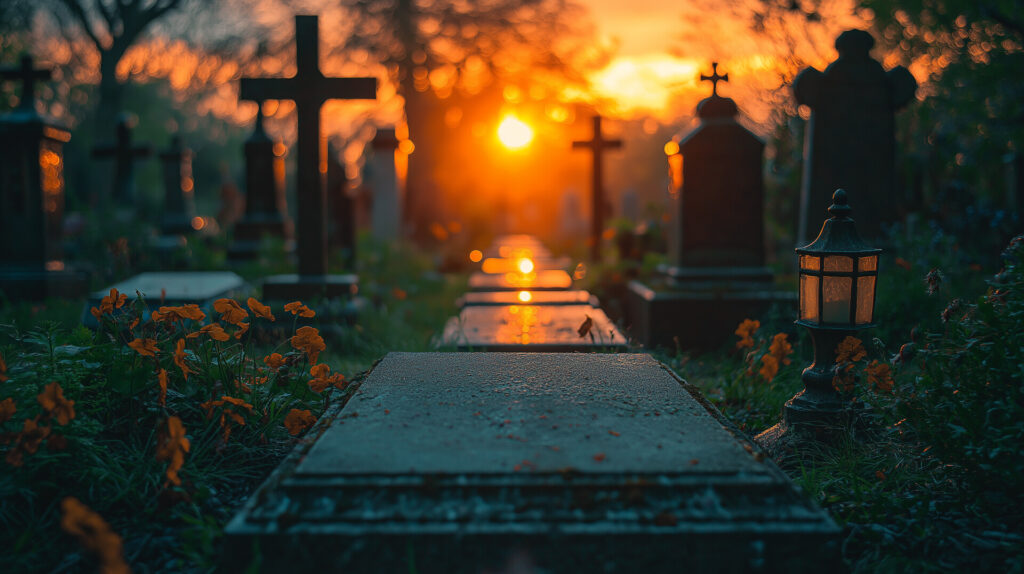 Lanterna przy grobach na cmentarzu w blasku zachodzącego słońca, otoczonych kwiatami. Idealne miejsce dla kamieniarza w Bielsku.