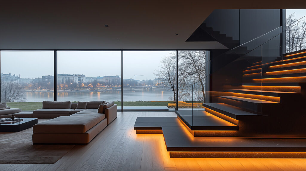 Nowoczesny wystrój wnętrza z oświetloną klatką schodową i widokiem na rzekę, doskonałe dla kamieniarstwa Bielsko.