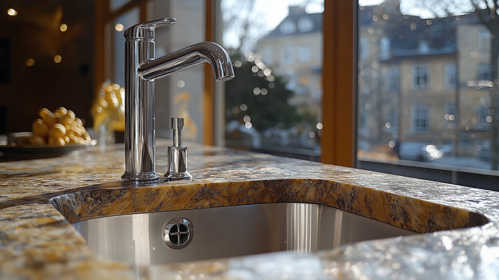 Elegancka bateria w kuchni na tle granitowego blatu, z ażurowym zlewem i widokiem za oknem, idealna dla kamieniarstwa w Bielsku.