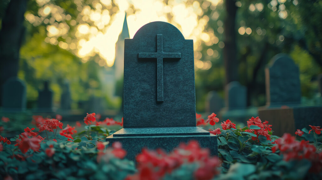 Nagrobek w kształcie ostrosłupa z krzyżem, otoczony czerwonymi kwiatami, w tle zielone drzewa, w czasie zachodu słońca. Kamieniarz Bielsko oferuje takie nagrobki.