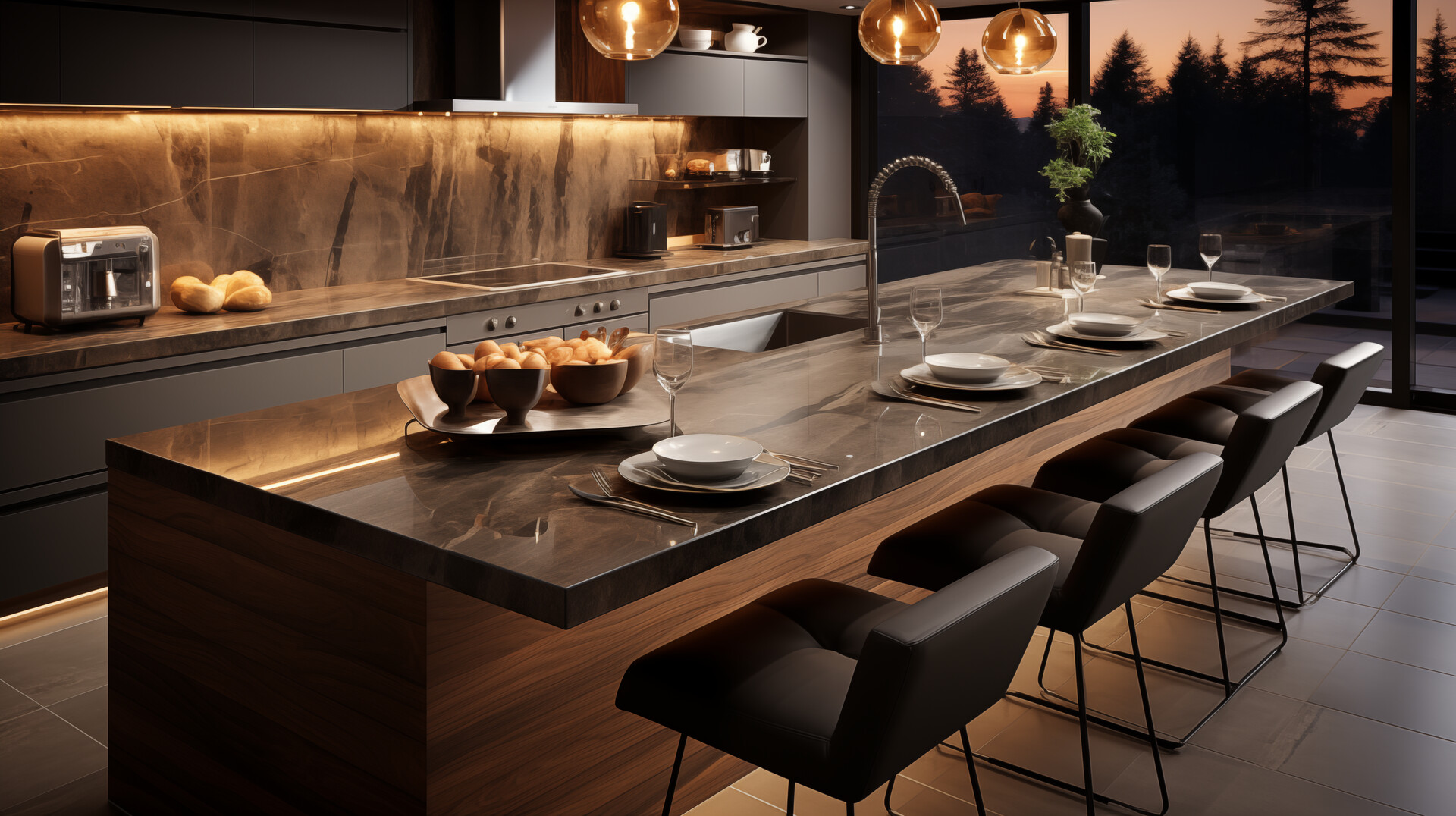 wyszukana nowoczesna kuchnia z marmurowym blatem, ciemnymi szafkami i designerskim oświetleniem; idealna do spotkań z rodziną; nagrobki bielsko w pięknym otoczeniu.