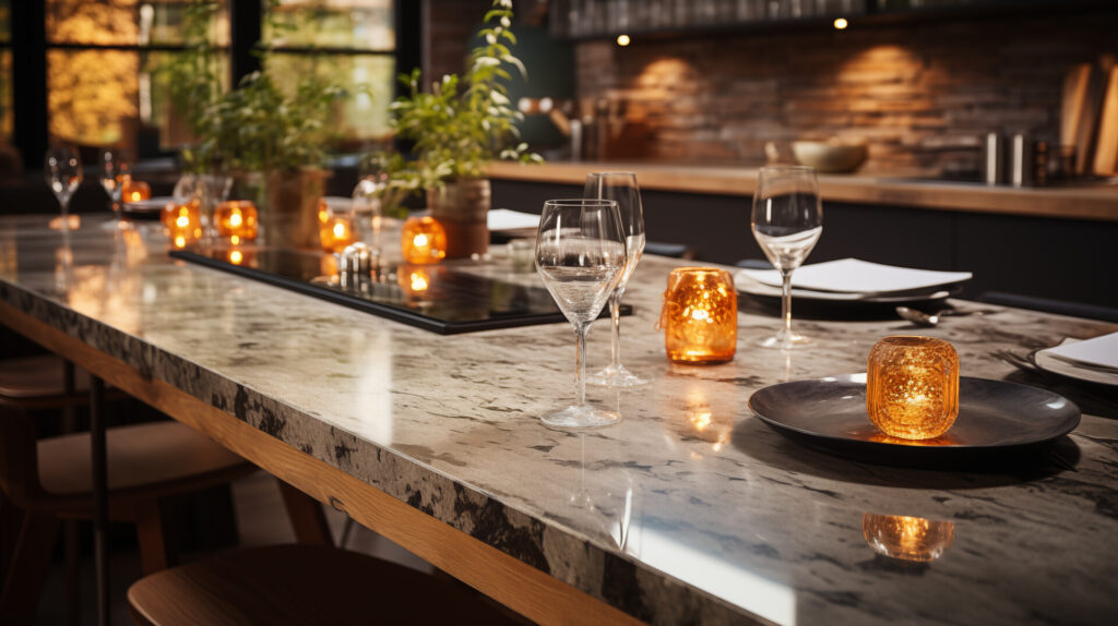 Elegancko zastawiony stół w restauracji z kamiennym blatem, szklankami i świeczkami w złotych pojemnikach, stwarzający przytulną atmosferę.