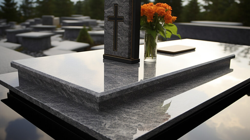Grób z szaro-czarnego granitu z krzyżem i wazonem z pomarańczowymi kwiatami, otoczenie cmentarza, kamieniarstwo Bielsko.