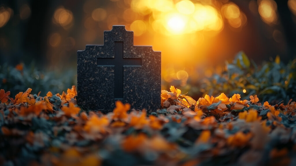 Nagrobek z krzyżem otoczony kolorowymi liśćmi, w tle zachód słońca, symbol pamięci, kamieniarstwo Bielsko.