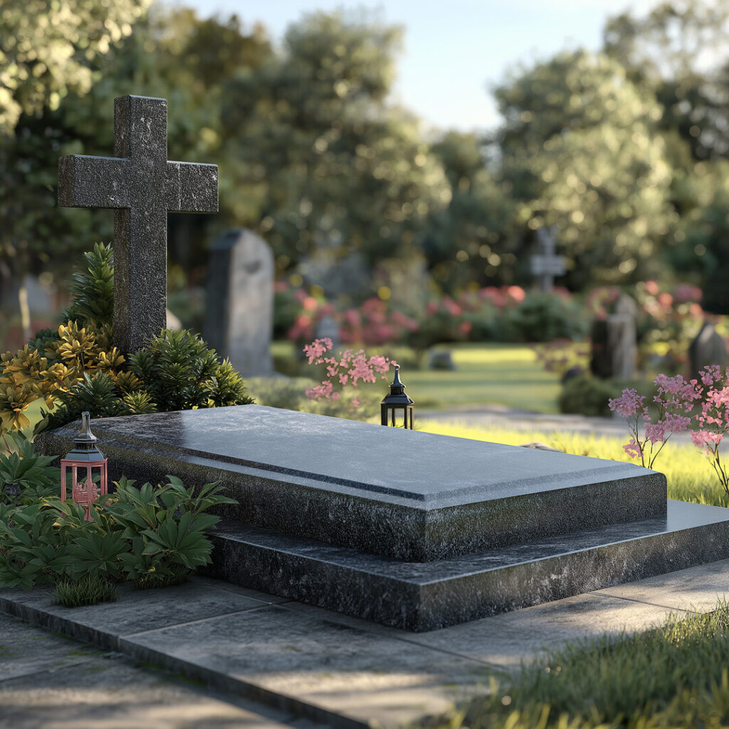 Nagrobek otoczony zielenią i kwiatami, z widocznym krzyżem i lampionami, w ciszy cmentarza, symbolizującym spokój i pamięć. Kamieniarz Bielsko.