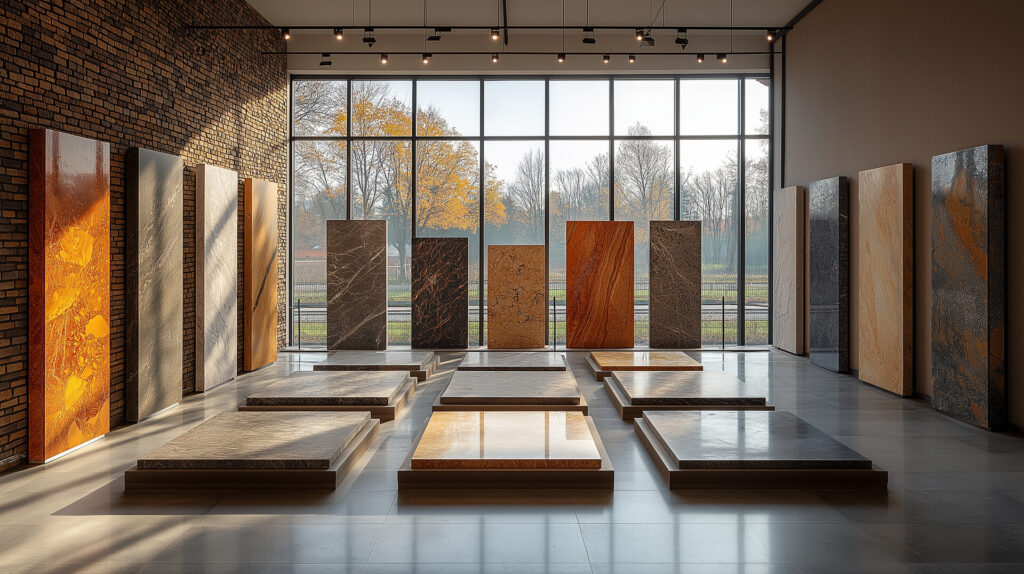 Wnętrze salonu z różnorodnymi kamieniami, w tym płytami marmurowymi i granitowymi, reprezentującymi kamieniarstwo w Bielsku. Naturalne światło i elegancka architektura.