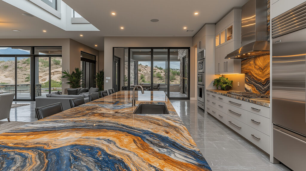 Nowoczesna kuchnia z dużym blatem w kolorze niebiesko-pomarańczowym, przeszklonymi ścianami, eleganckimi meblami i widokiem na otaczający krajobraz. Kamieniarstwo Bielsko.